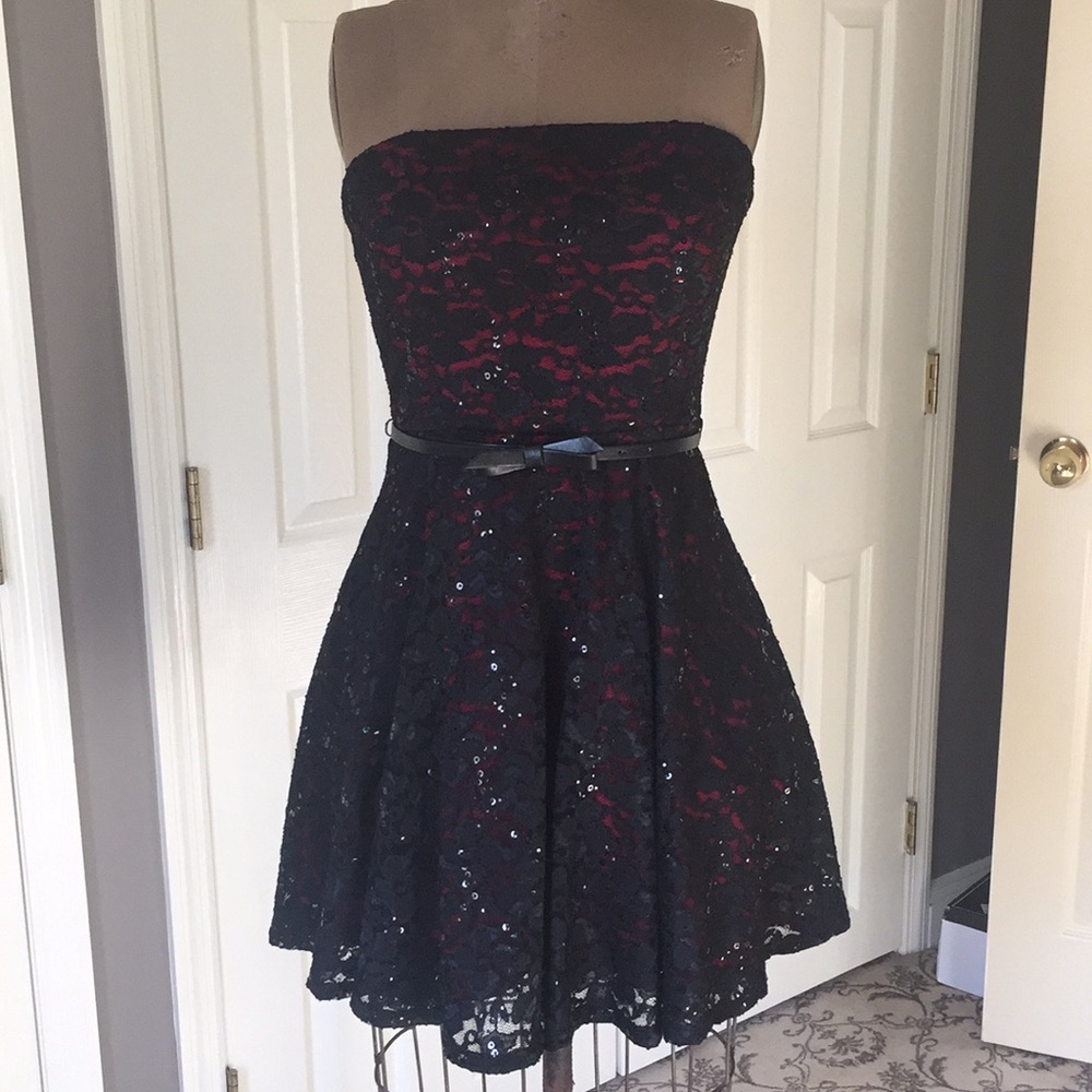 Strapless red and black sequin dress